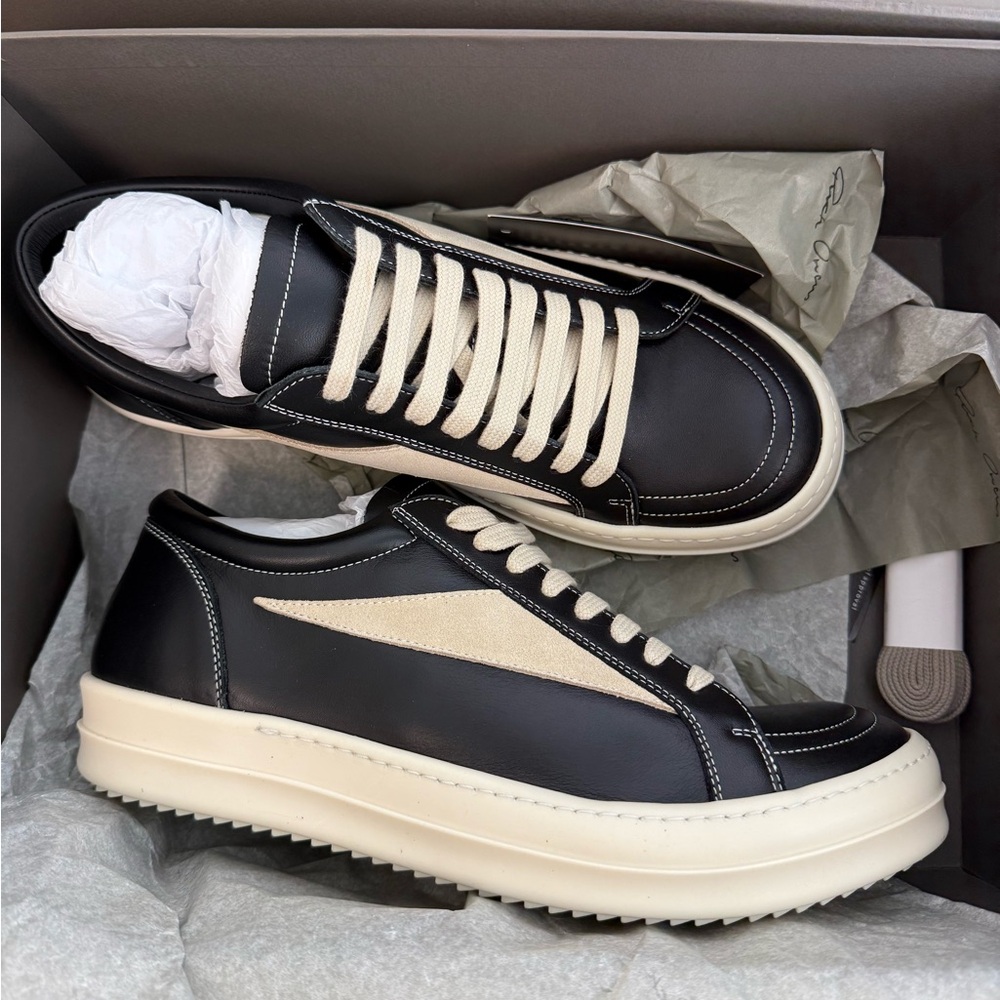 Rick Owens Black and Cream Sneakers